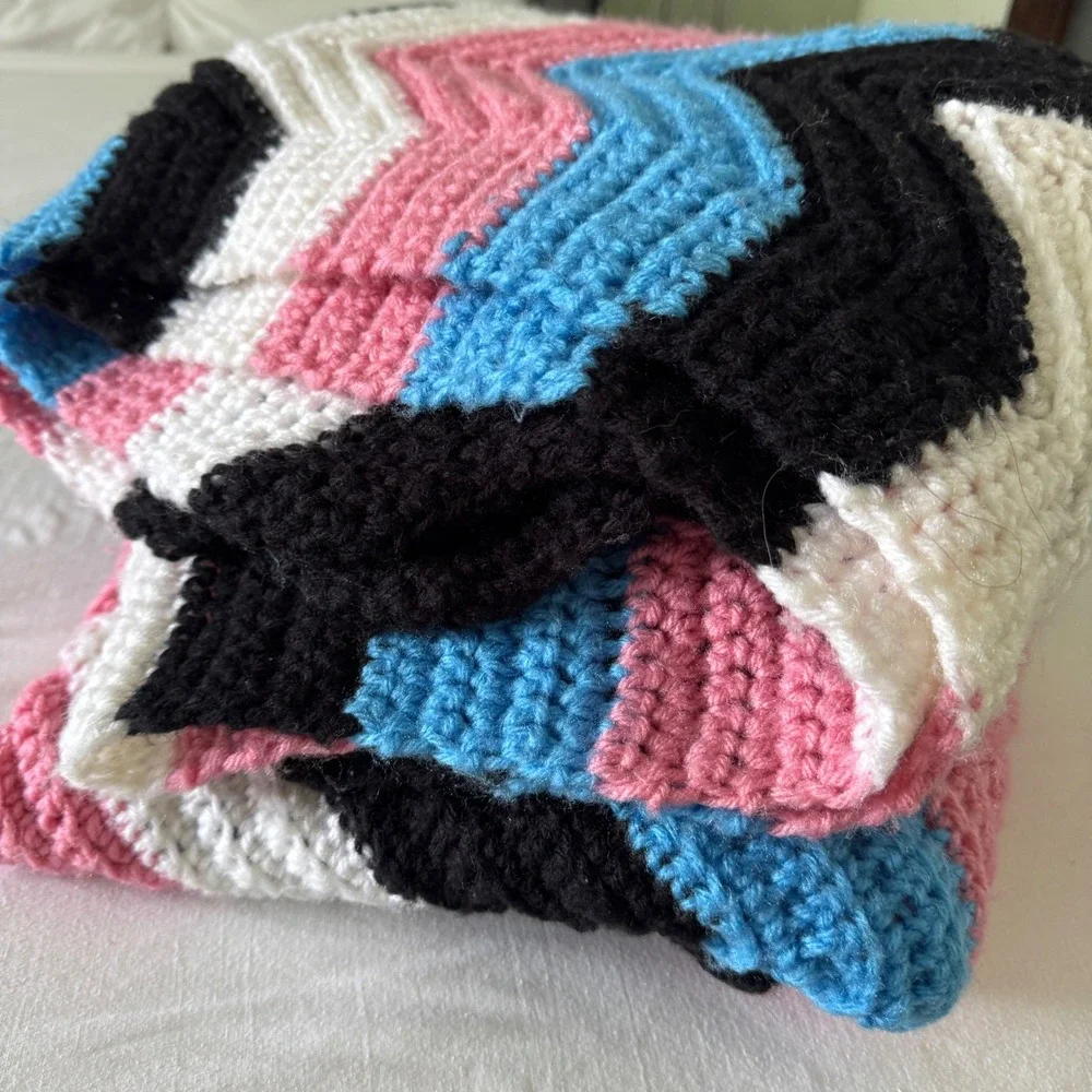Handmade Crochet Afghan Blanket Chevron Ripple Pink Blue Black 80x132 Throw XL